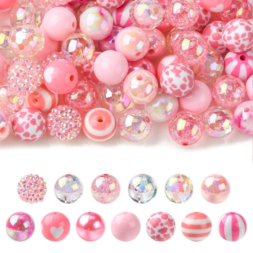 1749 100 pcs 16mm Pink Round Acrylic Beads Sweet Pink Series Heart Pattern